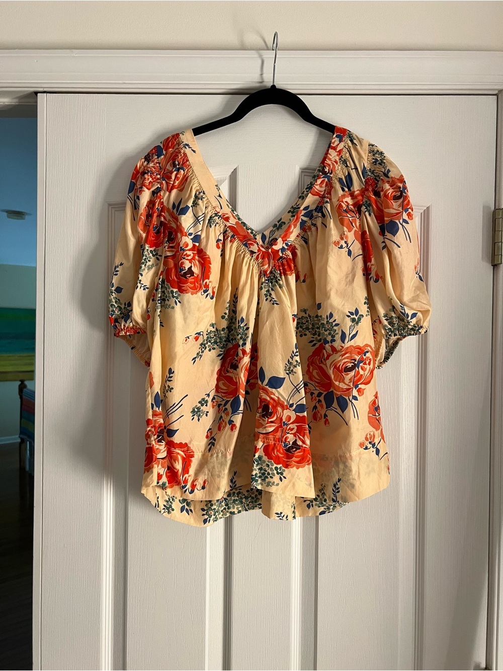 THE GREAT. Cream Floral V-Neck Blouse with Red Roses only worn once